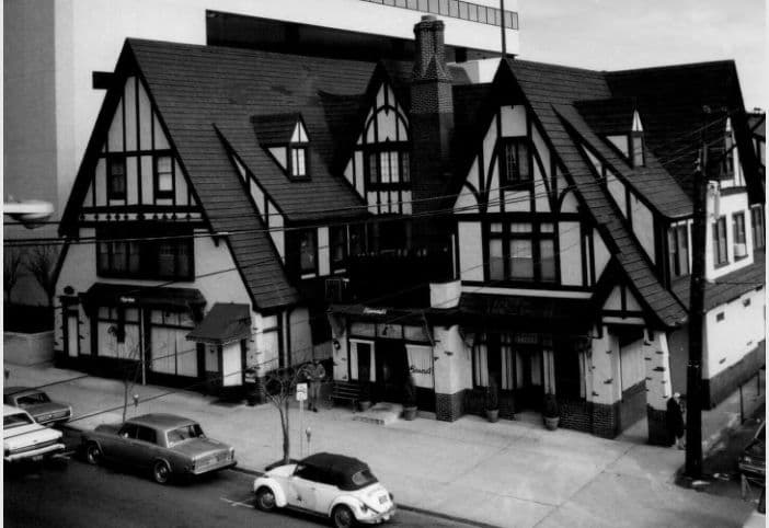 Seven Gables Inn in black and white, with its steep Tudor gables